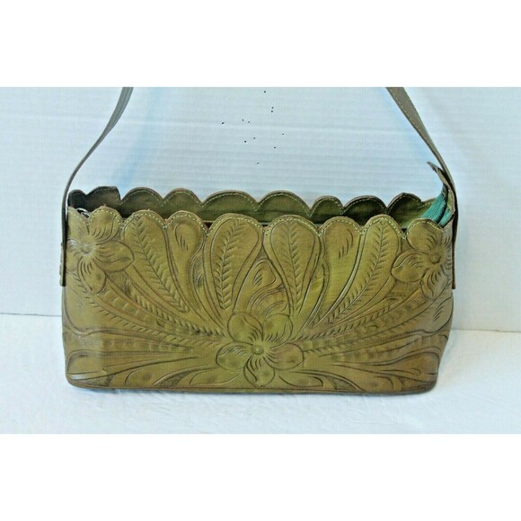 LL Leaders In Leather Purse Paraguay Scrolled Floral Tooled Leather Teal & Brown - Picture 3 of 8